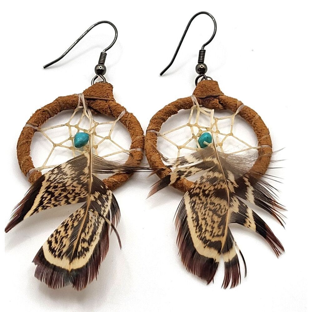 Native American Leather Strap Dream Catcher Earrings Turquoise feathers 3in